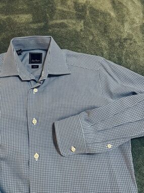 David Donahue mens Cotton dress shirt blue micro check plaid Trim Fit 15 32/33